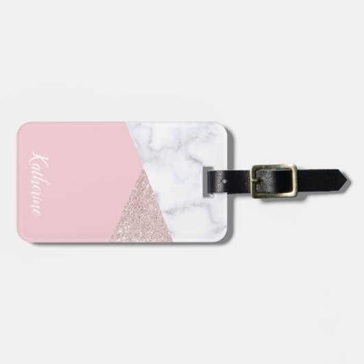 Elegant girale roos goud glitter witte marmer roze bagagelabel (Voorkant horizontaal)