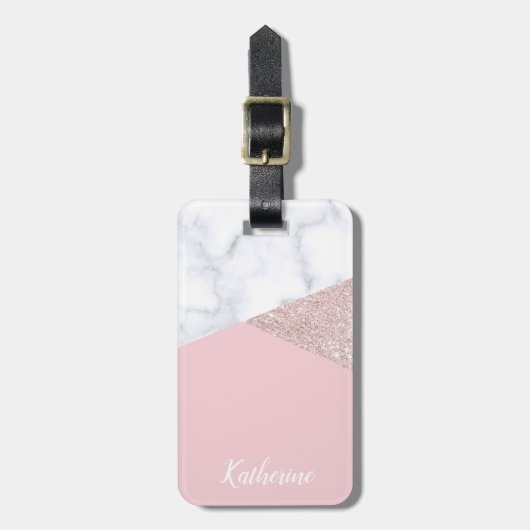 Elegant girale roos goud glitter witte marmer roze bagagelabel (Voorkant verticaal)