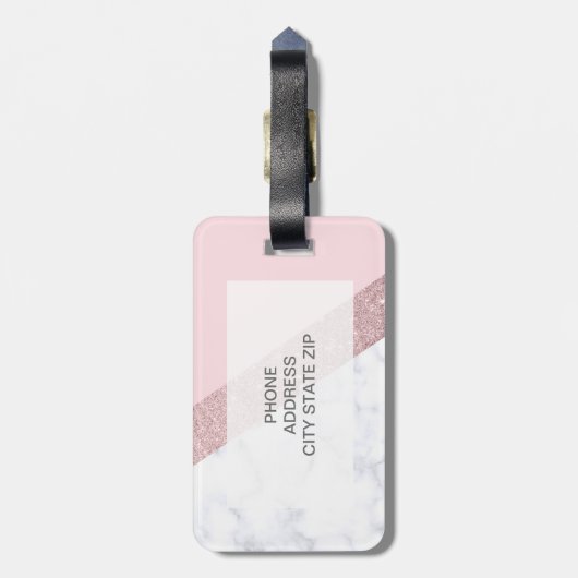 elegant girale roos goud glitter witte marmer roze bagagelabel (Achterkant verticaal)