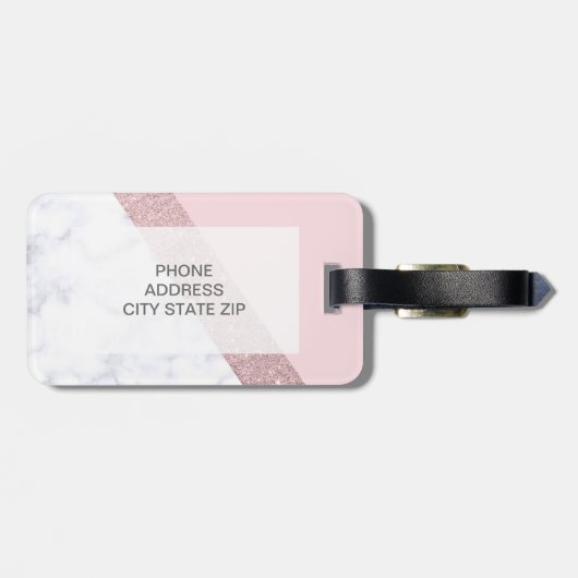 elegant girale roos goud glitter witte marmer roze bagagelabel (Achterkant horizontaal)