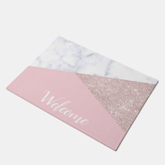 Elegant girale roos goud glitter witte marmer roze deurmat (Schuin)