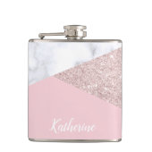 Elegant girale roos goud glitter witte marmer roze heupfles (Voorkant)