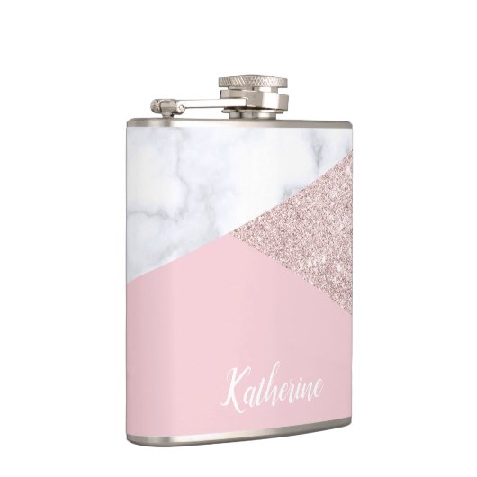 Elegant girale roos goud glitter witte marmer roze heupfles (Rechts)