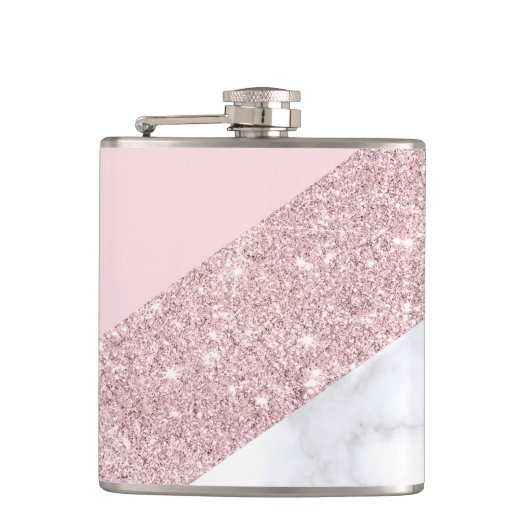 elegant girale roos goud glitter witte marmer roze heupfles (Voorkant)