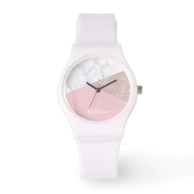 Elegant girale roos goud glitter witte marmer roze horloge (Voorkant)