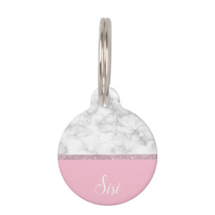 Elegant girale roos goud glitter witte marmer roze huisdierpenning