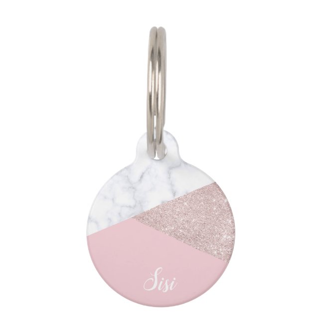 Elegant girale roos goud glitter witte marmer roze huisdierpenning (Voorkant)