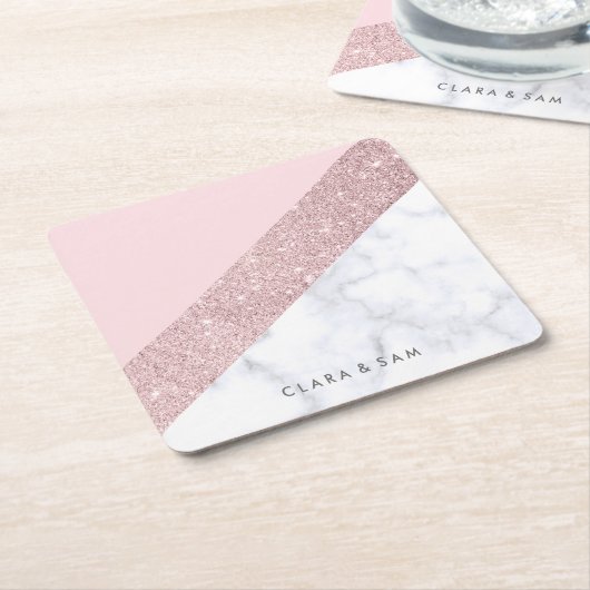 elegant girale roos goud glitter witte marmer roze kartonnen onderzetters (Schuin)