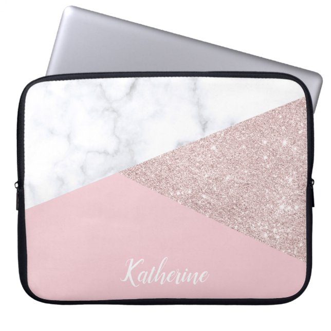 Elegant girale roos goud glitter witte marmer roze laptop sleeve (Voorkant)