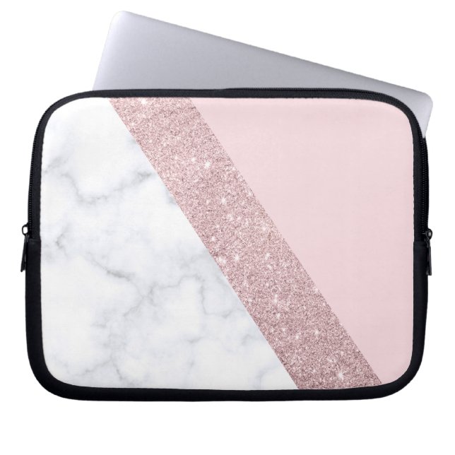 elegant girale roos goud glitter witte marmer roze laptop sleeve (Voorkant)