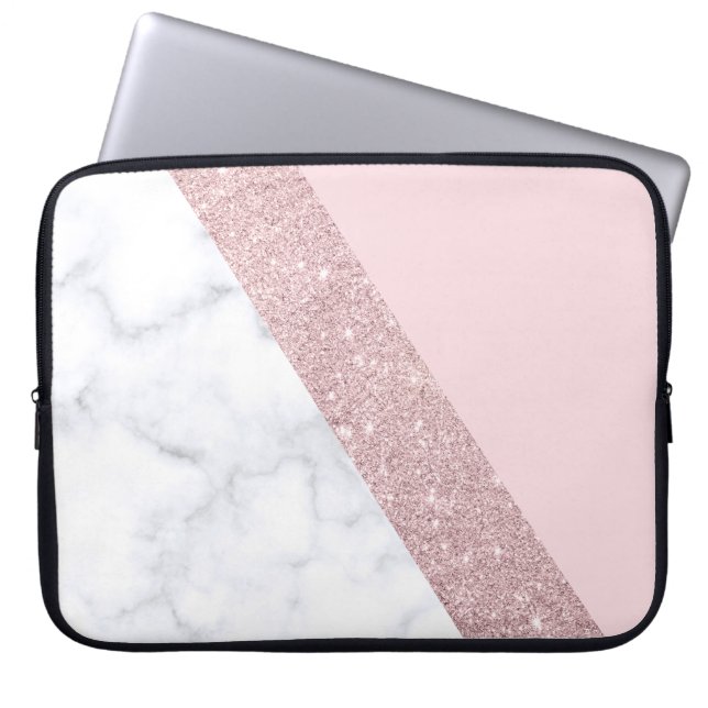 elegant girale roos goud glitter witte marmer roze laptop sleeve (Voorkant)