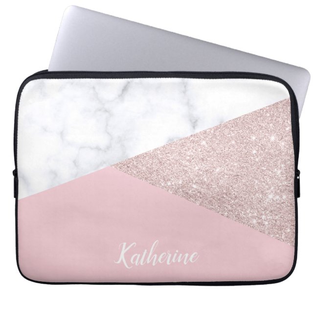 Elegant girale roos goud glitter witte marmer roze laptop sleeve (Voorkant)