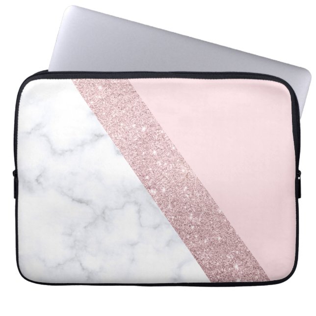 elegant girale roos goud glitter witte marmer roze laptop sleeve (Voorkant)