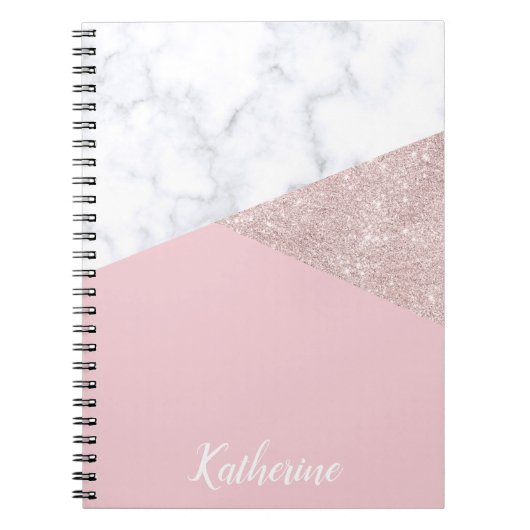 Elegant girale roos goud glitter witte marmer roze notitieboek (Voorkant)