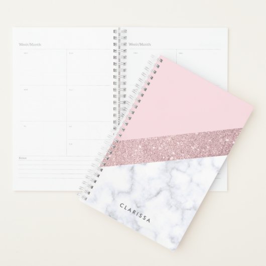 elegant girale roos goud glitter witte marmer roze planner (Display)