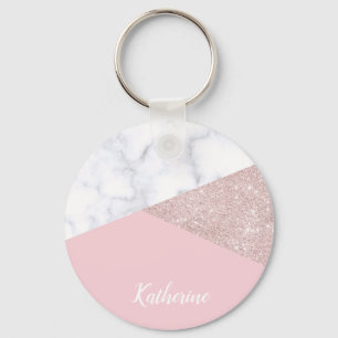 Elegant girale roos goud glitter witte marmer roze sleutelhanger