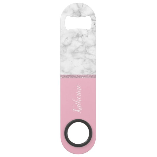 Elegant girale roos goud glitter witte marmer roze speed flessenopener (Achterkant)