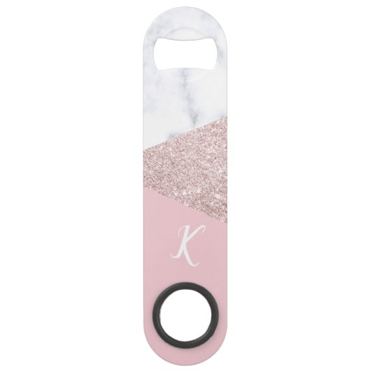 Elegant girale roos goud glitter witte marmer roze speed flessenopener (Voorkant)