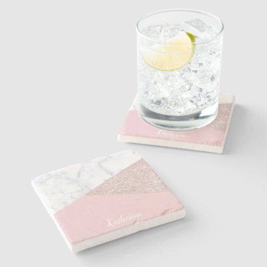 Elegant girale roos goud glitter witte marmer roze stenen onderzetter (Zijkant)