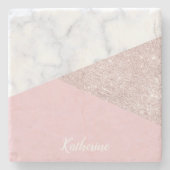 Elegant girale roos goud glitter witte marmer roze stenen onderzetter (Voorkant)