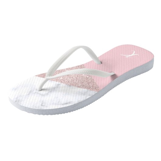 Elegant girale roos goud glitter witte marmer roze teenslippers (Schuin)