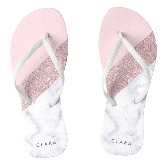 elegant girale roos goud glitter witte marmer roze teenslippers (Voetbed)