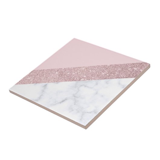 elegant girale roos goud glitter witte marmer roze tegeltje (Zijkant)