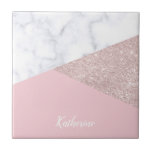 Elegant girale roos goud glitter witte marmer roze tegeltje<br><div class="desc">Stijlvolle en elegante geometrische faux roos goud glitter,  wit marmer en roze kleurenblok.</div>