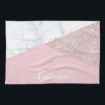 Elegant girale roos goud glitter witte marmer roze theedoek<br><div class="desc">Stijlvolle en elegante geometrische faux roos goud glitter,  wit marmer en roze kleurenblok.</div>