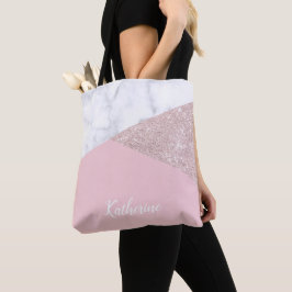 Elegant girale roos goud glitter witte marmer roze tote bag