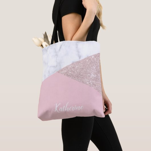 Elegant girale roos goud glitter witte marmer roze tote bag (Dichtbij)