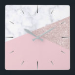 Elegant girale roos goud glitter witte marmer roze vierkante klok<br><div class="desc">Stijlvolle en elegante geometrische faux roos goud glitter,  wit marmer en roze kleurenblok.</div>