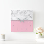 Elegant girale roos goud glitter witte marmer roze vierkante klok (Huis)