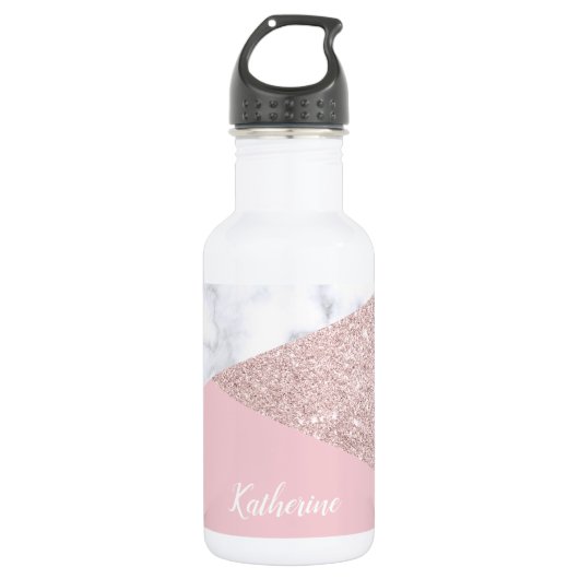 Elegant girale roos goud glitter witte marmer roze waterfles  (Voorkant)