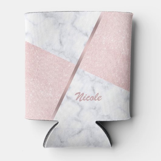 Elegant girale roos goudglitter en witte marmer blikjeskoeler (Voorkant)