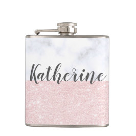 Elegant girale roos goudglitter en witte marmer heupfles