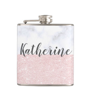 Elegant girale roos goudglitter en witte marmer heupfles