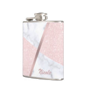 Elegant girale roos goudglitter en witte marmer heupfles (Links)