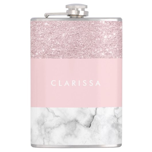 Elegant girale roos goudglitter en witte marmer heupfles (Voorkant)