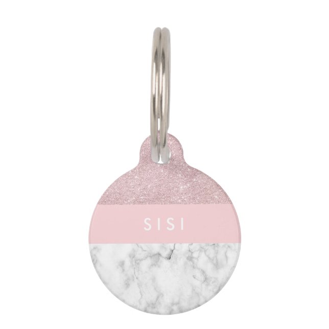 Elegant girale roos goudglitter en witte marmer huisdierpenning (Voorkant)