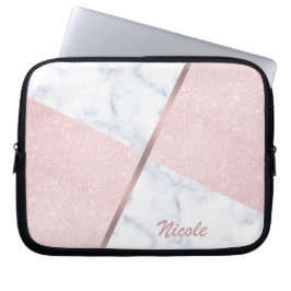 Elegant girale roos goudglitter en witte marmer laptop sleeve