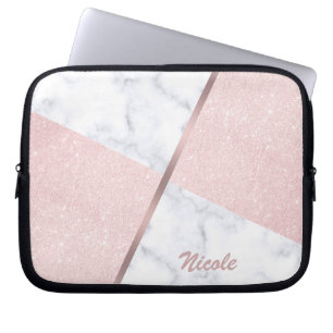 Elegant girale roos goudglitter en witte marmer laptop sleeve