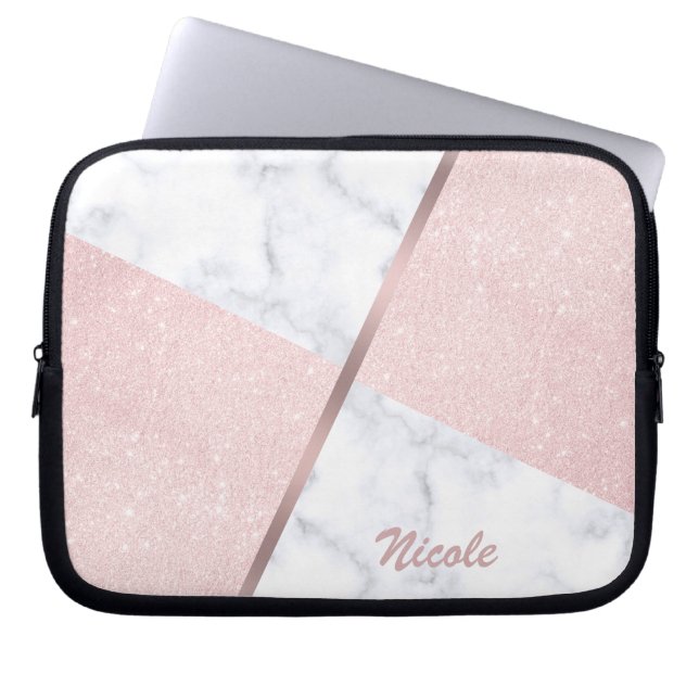 Elegant girale roos goudglitter en witte marmer laptop sleeve (Voorkant)