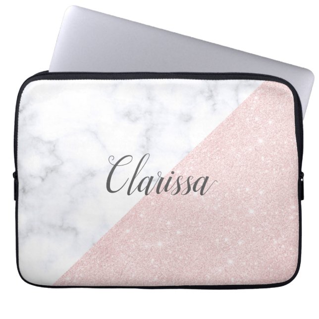 Elegant girale roos goudglitter en witte marmer laptop sleeve (Voorkant)