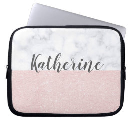 Elegant girale roos goudglitter en witte marmer laptop sleeve