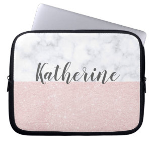 Elegant girale roos goudglitter en witte marmer laptop sleeve