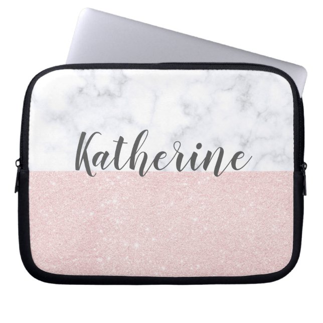 Elegant girale roos goudglitter en witte marmer laptop sleeve (Voorkant)