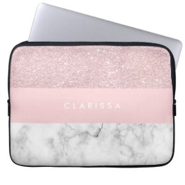 Elegant girale roos goudglitter en witte marmer laptop sleeve