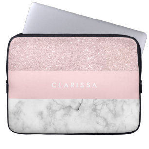 Elegant girale roos goudglitter en witte marmer laptop sleeve