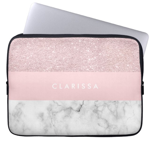 Elegant girale roos goudglitter en witte marmer laptop sleeve (Voorkant)
